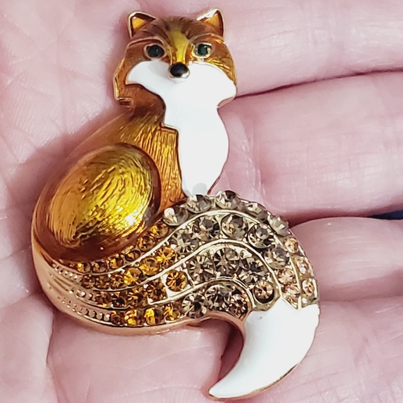 Fox brooch enamel crystal orange copper fall autumn animal woodland pendant - Picture 10 of 14